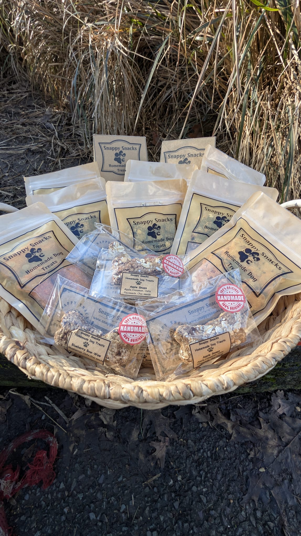 Snappy Snacks dog treats displayed in a basket